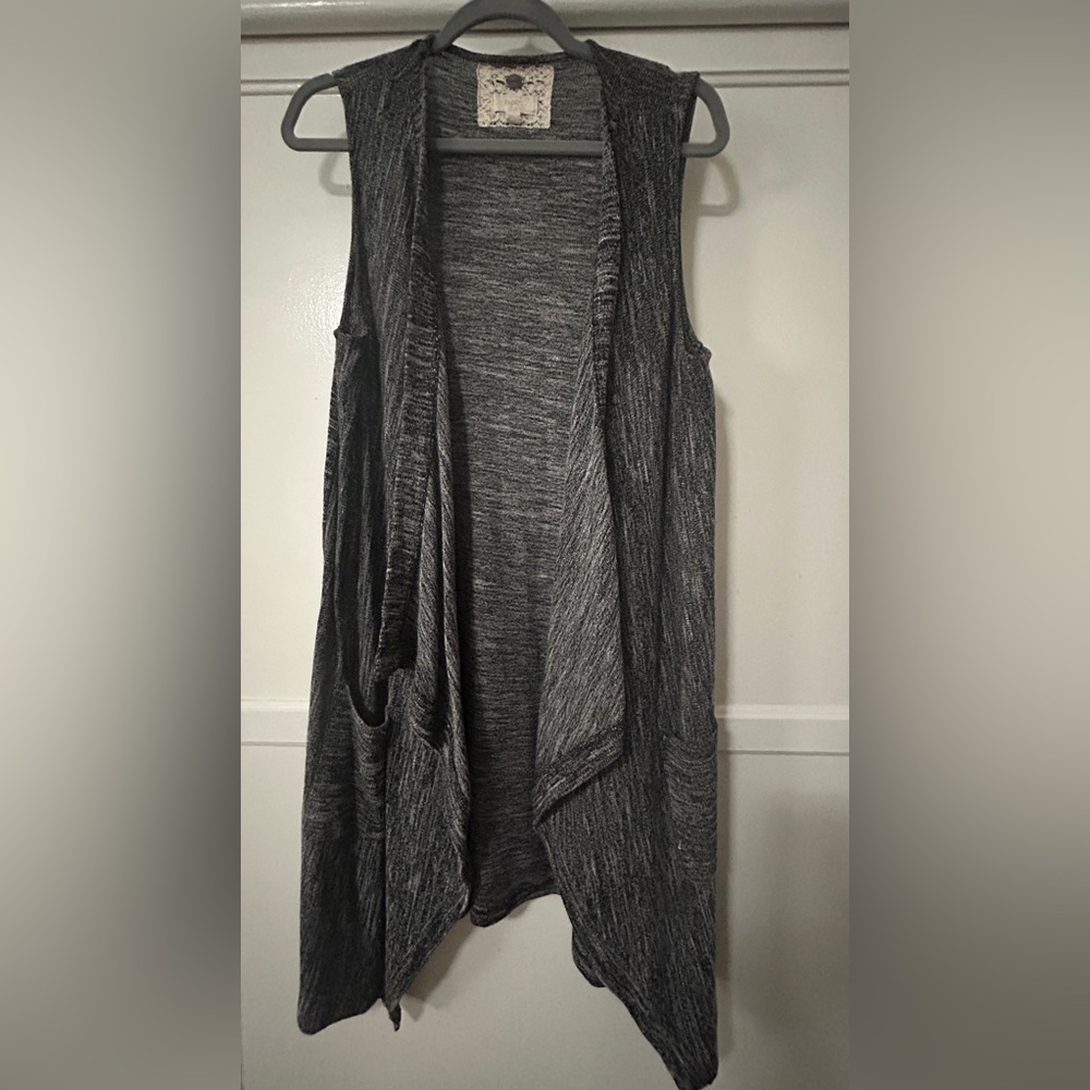 Size L. Grey long waterfall sleeveless cardigan/vest.